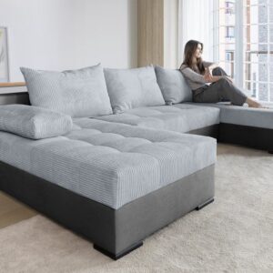 Canapé convertible panoramique GABRIEL avec coffre de rangement  en microfibre gris et velours côtelé gris clair