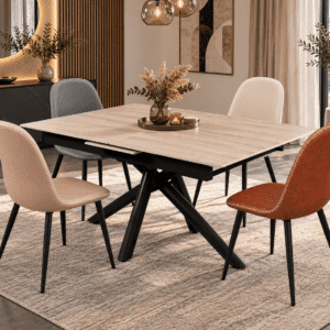 Table à manger extensible ATMINDA 160/200 X 90 X 75cm 6 à 8 personnes en MDF, céramique et métal - Effet marbre tranvertine