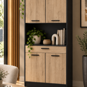 Buffet de Salon Napoli – 4 Portes, Noir et Chêne Naturel – 83,3 x 40 x 176,1 cm
