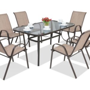 Table Salle à manger avec 6 chaises tissu Taupe en acier Modena Marron 6 places