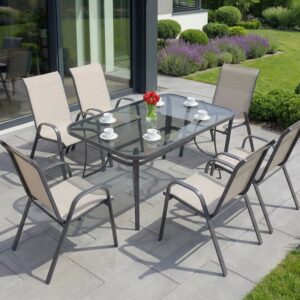 Table Salle à manger avec 6 chaises tissu Taupe en acier Modena Marron 6 places