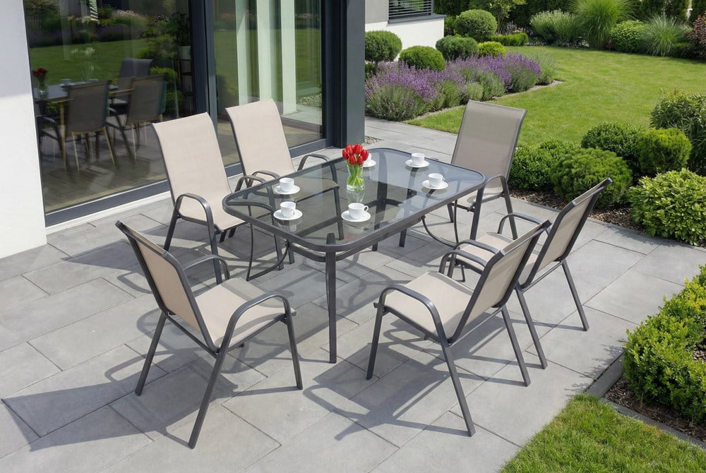 Table Salle à manger avec 6 chaises tissu Taupe en acier Modena Marron 6 places