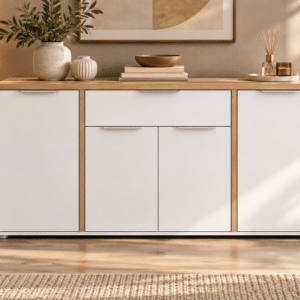 Enfilade Access – 4 Portes + 1 Tiroir – Décor Chêne Hamilton et Blanc – L 160,7 x P 39,6 x H 85,6 cm