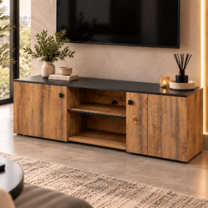Meuble TV – Miami – Décor Chêne Denver et Noir – 124 cm