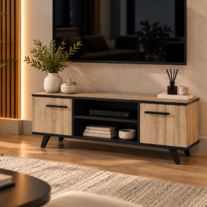 Meuble TV Wayne – Chêne brossé et noir avec portes et compartiment