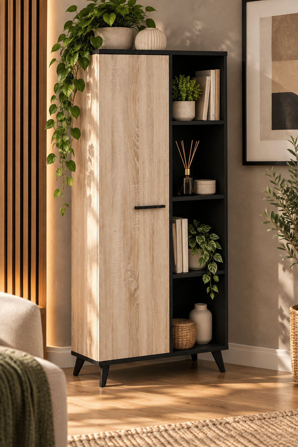 Buffet haut WAYNE – 1 porte et 4 niches – Naturel