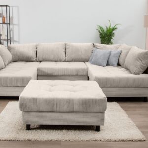 Canapé convertible panoramique ANTONIA avec le pouf en en velours côtelé beige