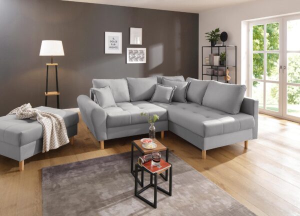 Canapé d’angle convertible et réversible Rice en, en velours de luxe douce gris argenté