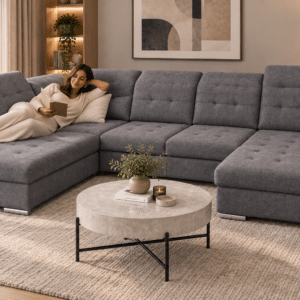 Canapé panoramique convertible ACTION avec coffre de rangement en tissu gris