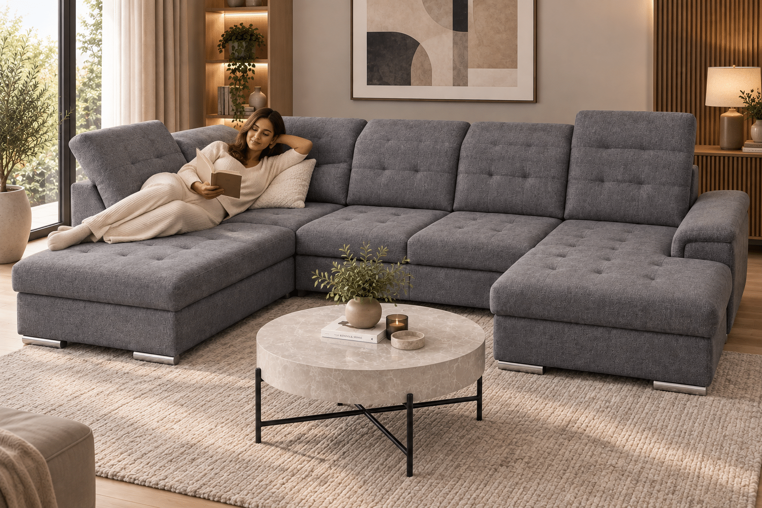 Canapé panoramique convertible ACTION avec coffre de rangement en tissu gris