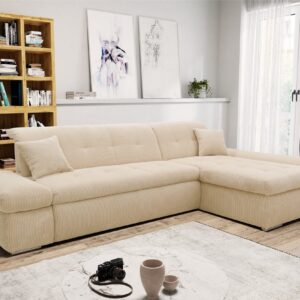 Canapé d’angle gauche ou droit Lussy, convertible  avec accoudoirs réglables  en velours côtelé beige