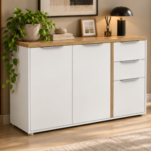 Buffet Access – 3 Portes, 2 Tiroirs – Décor Chêne Hamilton et Blanc – 121,5 x 39,6 x 85,6 cm