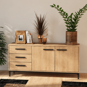 Buffet 2 Portes et 3 Tiroirs CRAFT – Chêne Hamilton et Noir Mat (L153 cm)