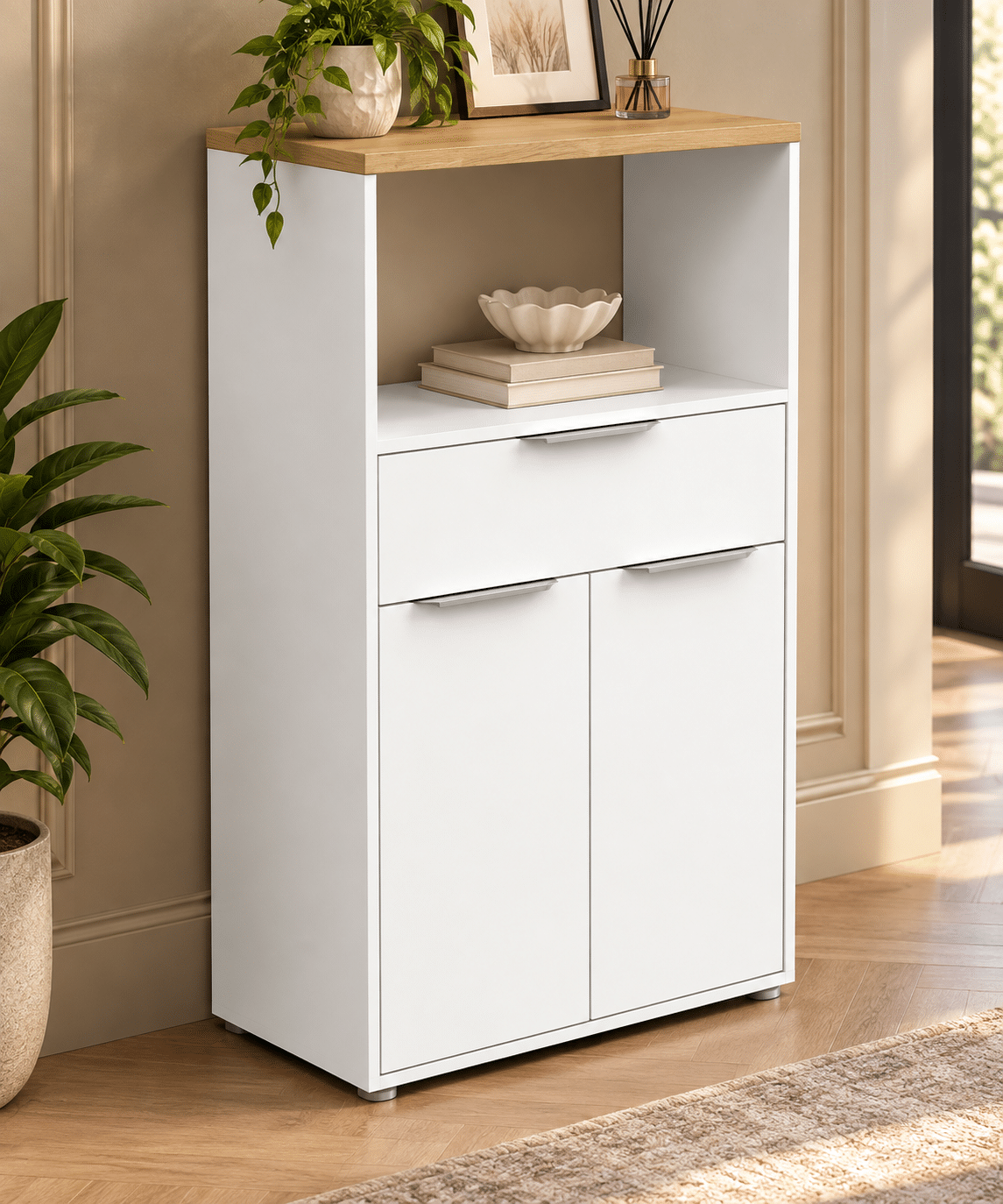 Meuble Access de Cuisine Micro-ondes – 2 Portes, 1 Tiroir – Chêne Hamilton / Blanc – 70 x 123 x 40 cm
