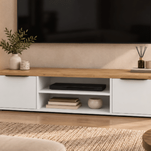 Meuble TV Access – 2 Portes + 1 Niche – Décor Chêne Hamilton et Blanc – L 134,8 x P 39,6 x H 39,1 cm