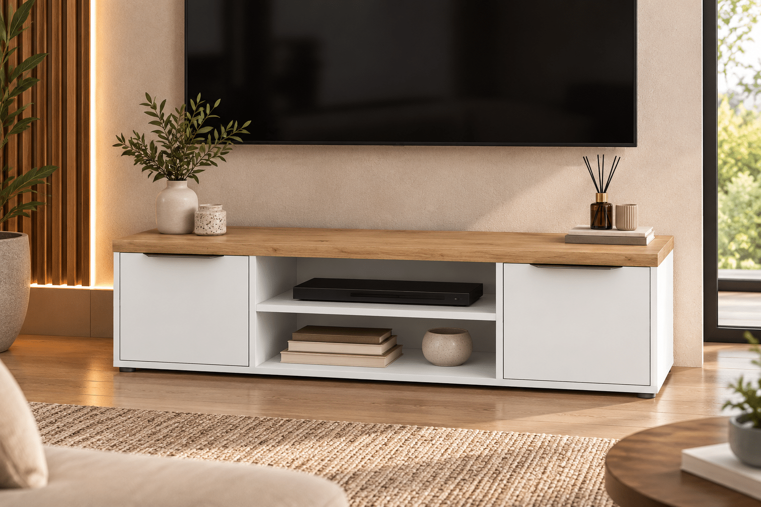 Meuble TV Access – 2 Portes + 1 Niche – Décor Chêne Hamilton et Blanc – L 134,8 x P 39,6 x H 39,1 cm