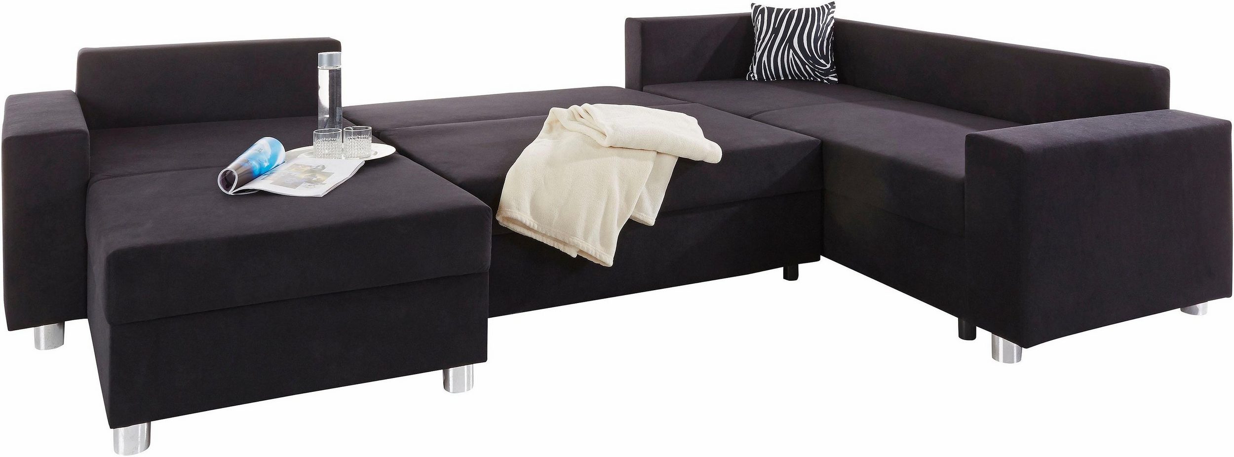 Canapé panoramique convertible / réversible PARIS avec coffre de lit en microfibre noir – Image 3