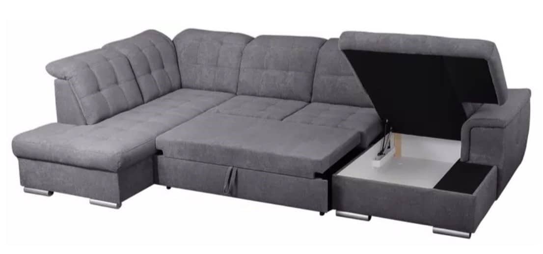 Canapé  panoramique convertible ACTION avec coffre de rangement en tissu gris – Image 2