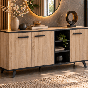 Buffet bas WAYNE – Décor chêne brossé et noir mat