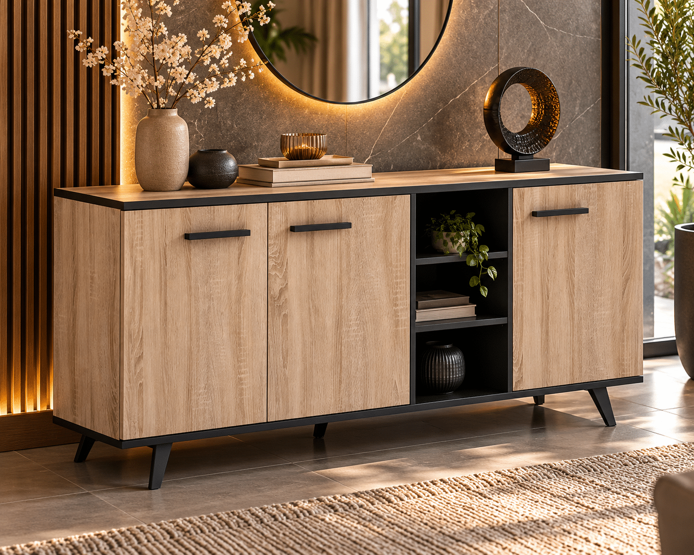Buffet bas WAYNE – Décor chêne brossé et noir mat