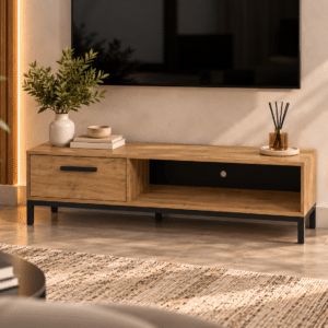 Meuble TV 1 Tiroir et 1 Niche CRAFT – Chêne et Noir Mat (L183 cm)