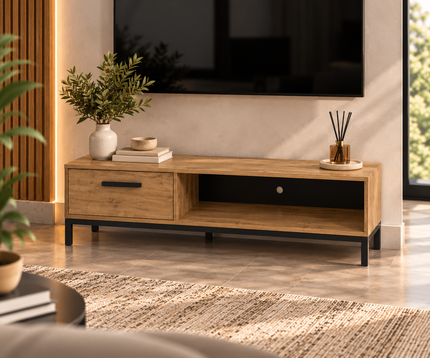 Meuble TV 1 Tiroir et 1 Niche CRAFT – Chêne et Noir Mat (L183 cm)