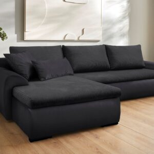 Canapé d’angle réversibles Win en microfibre noir et velours côtelé gris anthracite