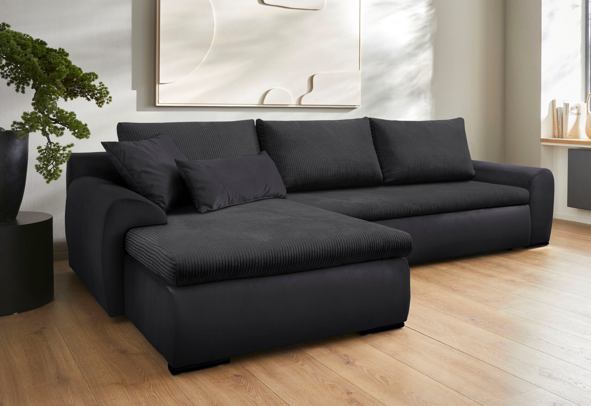 Canapé d’angle réversibles Win en microfibre noir et velours côtelé anthracite