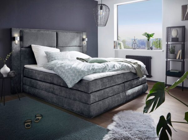Lit Coffre Copenhague 180 x 200 avec sommier, Matelas et surmatelas et éclairage LED en microfibre luxe Ibiza anthracite