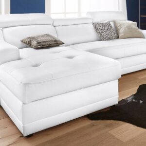 Canapé  angle convertible lotus avec réglage de têtière et coffre de rangement en simili Blanc