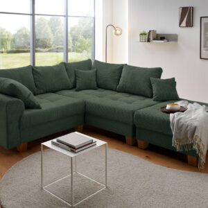 Canapé d’angle convertible et réversible Rico avec le pouf en velours côtelé vert