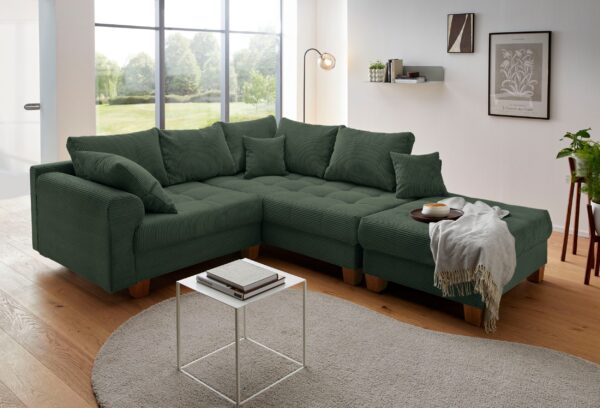 Canapé d’angle convertible et réversible Rico avec le pouf en velours côtelé vert