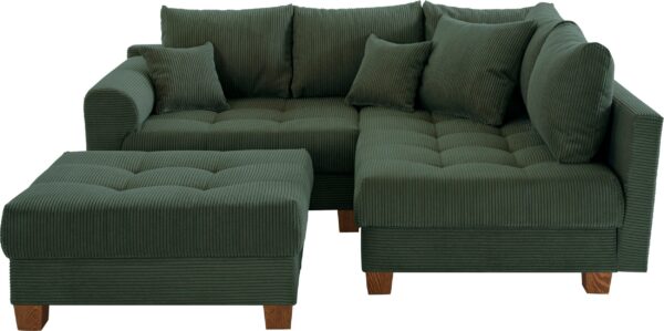 Canapé d’angle convertible et réversible Rico avec le pouf en velours côtelé vert – Image 2