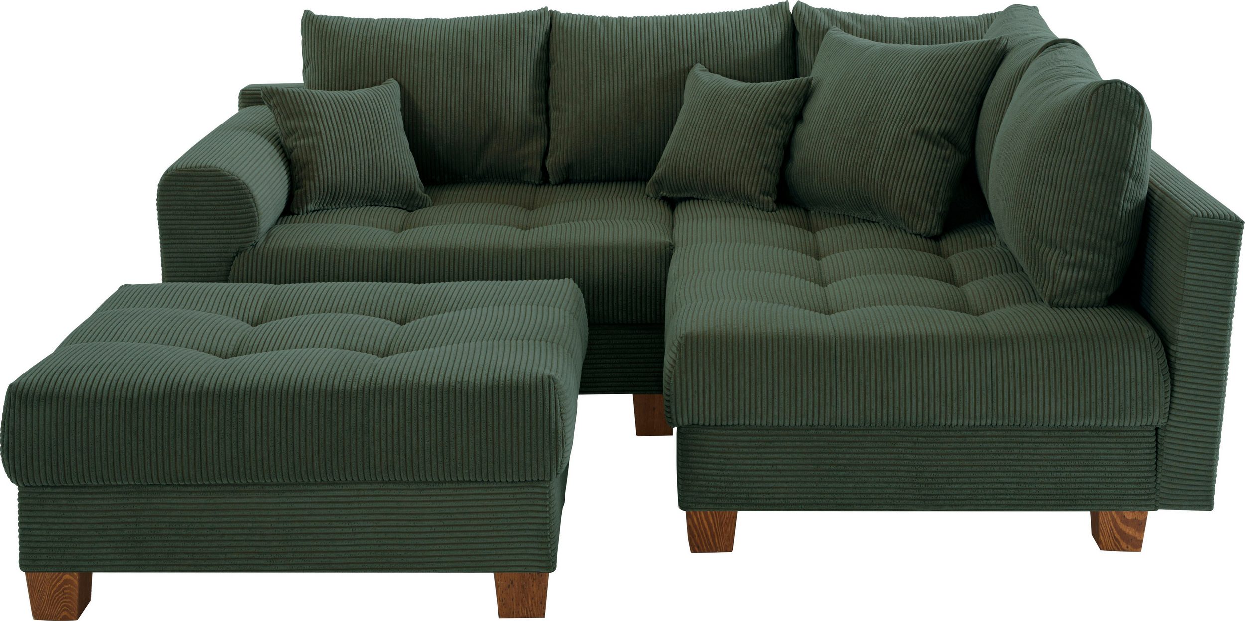 Canapé d’angle convertible et réversible Rico avec le pouf en velours côtelé vert – Image 2