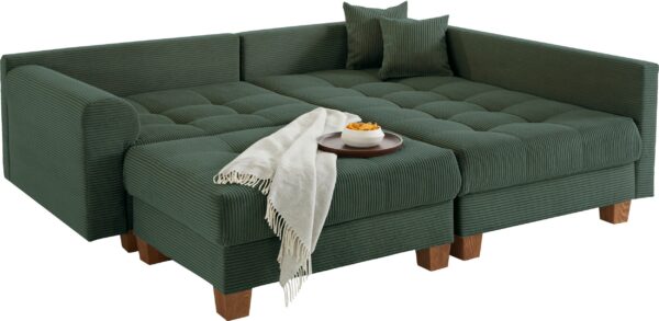 Canapé d’angle convertible et réversible Rico avec le pouf en velours côtelé vert – Image 3