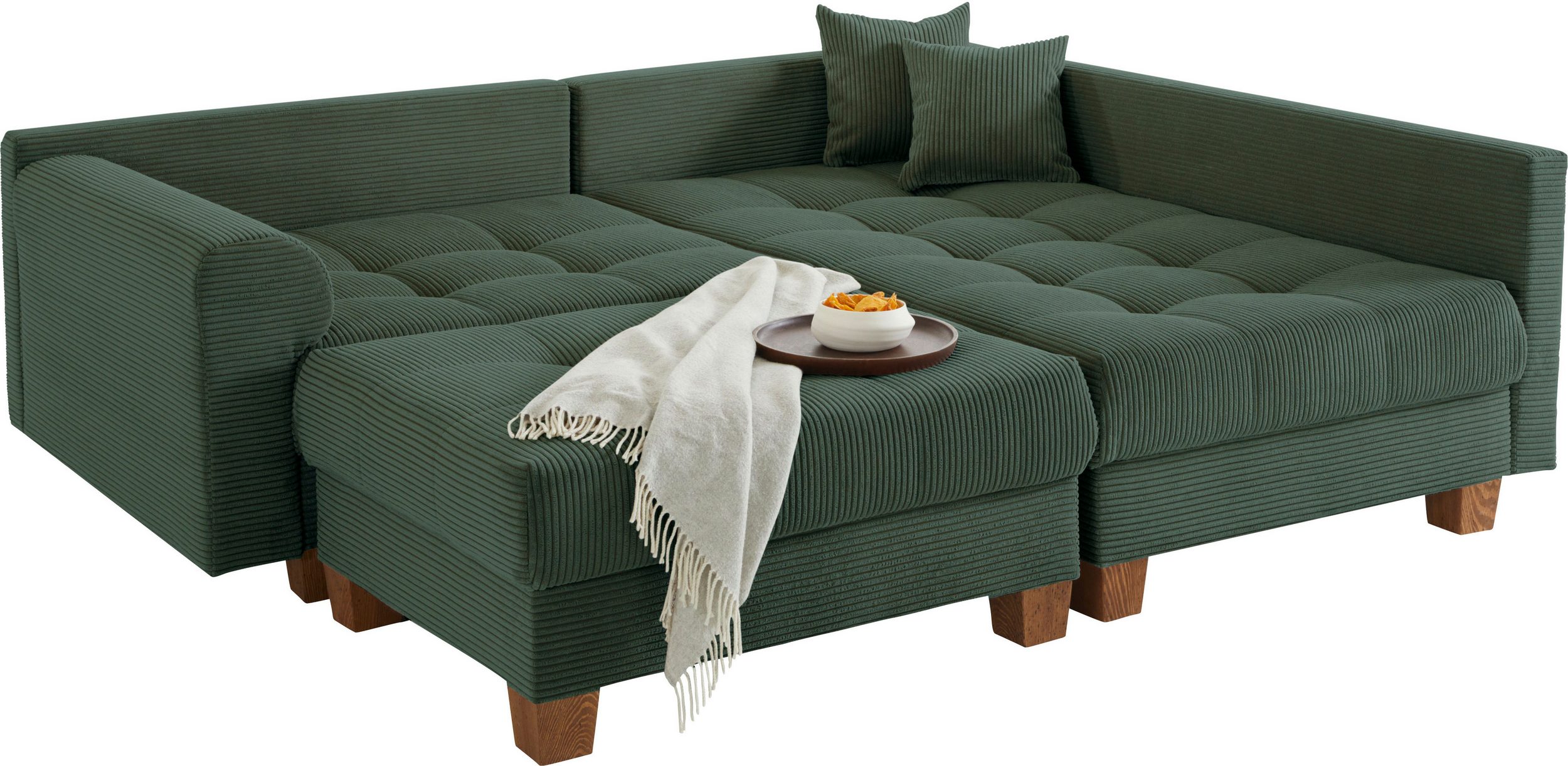 Canapé d’angle convertible et réversible Rico avec le pouf en velours côtelé vert – Image 3
