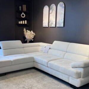 canapé convertible ANTONI angle gauche ou droit avec coffre , têtières réglables en tissu beige