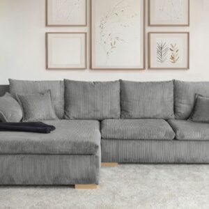 Canapé d’angle convertible et réversible Katja avec coffre de rangement en velours côtelé gris