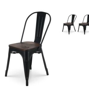 Lot de 2 chaises en métal noir mat et assise en bois foncé - Style industriel
