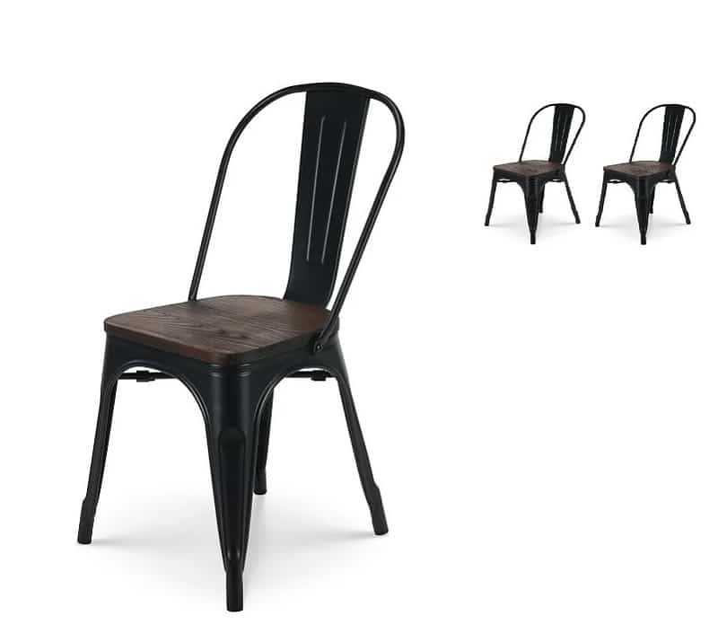Lot de 2 chaises en métal noir mat et assise en bois foncé - Style industriel