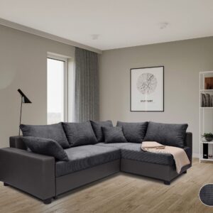 Canapé d’angle convertible Parme en simili gris et velours côtelé anthracite