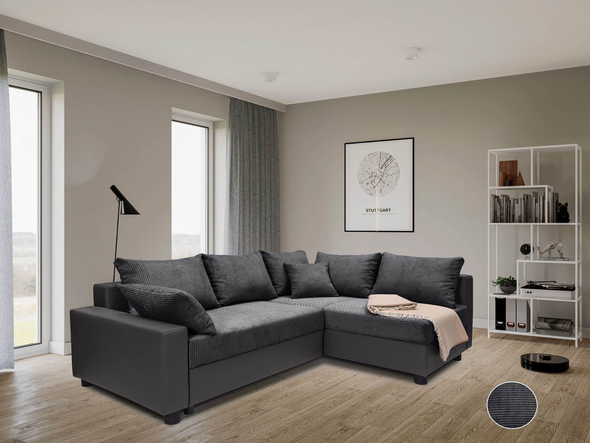 Canapé d’angle convertible Parme en simili gris et velours côtelé anthracite
