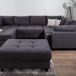 Canapé convertible panoramique ANTONIA  avec le pouf en velours côtelé gris anthracite