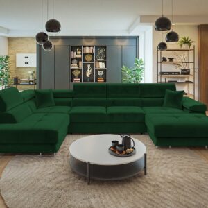 Canapé convertible panoramique FRANCHISKO avec 2 coffres de rangement et appui-tête réglables, en velours vert