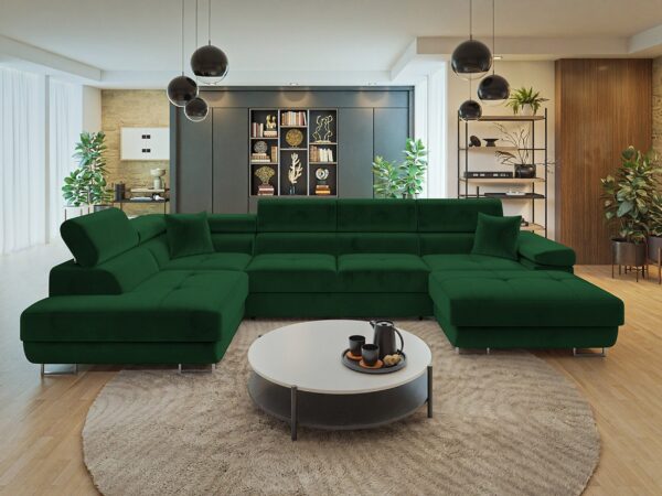 Canapé convertible panoramique FRANCHISKO avec 2 coffres de rangement et appui-tête réglables, en velours vert
