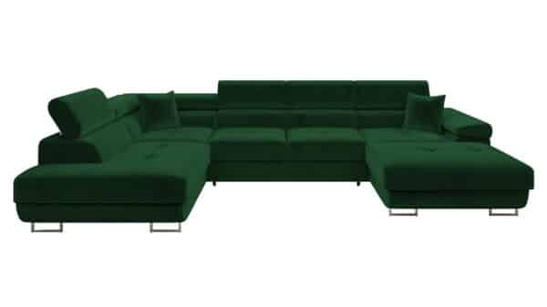 Canapé convertible panoramique FRANCHISKO avec 2 coffres de rangement et appui-tête réglables, en velours vert – Image 2