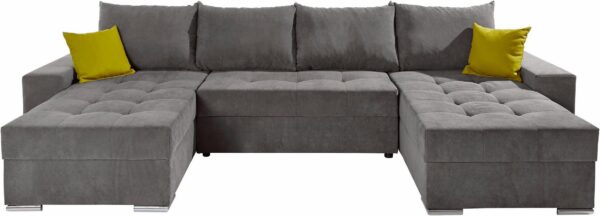 Canapé convertible panoramique avec coffre de Rangement Intégré en tissu gris