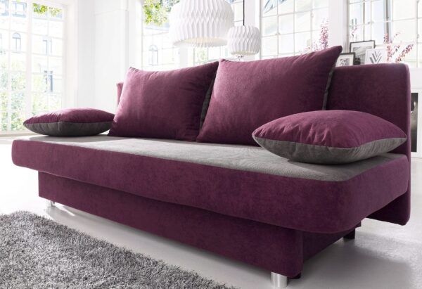 Canapé-lit Ulla avec coffre de rangement en microfibre rose et tissu gris – Image 2