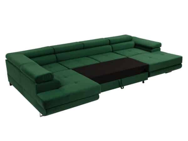 Canapé convertible panoramique FRANCHISKO avec 2 coffres de rangement et appui-tête réglables, en velours vert – Image 3
