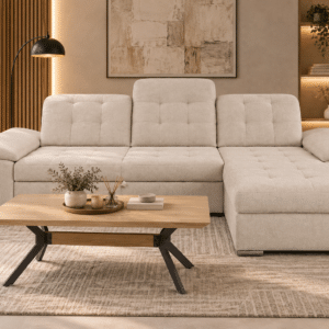 Canapé d'angle convertible NIGROM avec noyau à ressorts coffre de rangement et têtières réglables en tissu beige